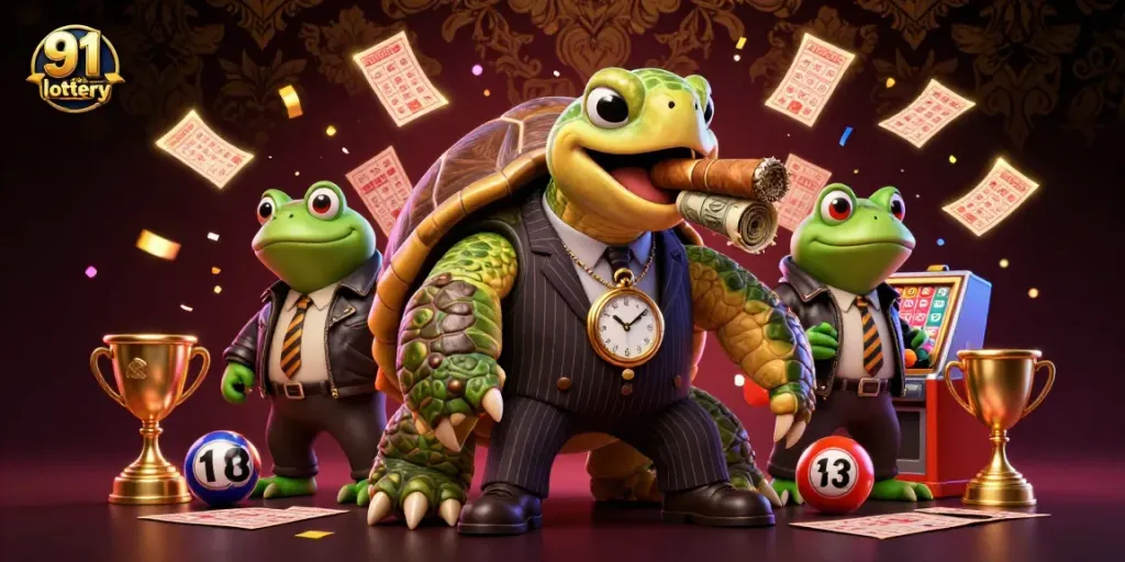Experience the thrill of the 91 club lottery with a vibrant scene featuring a cartoon turtle and bullfrog enforcers.