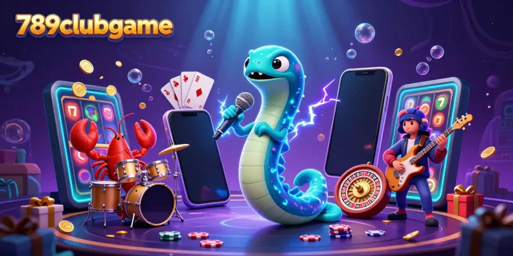Experience the excitement of 789clubgame featuring a vibrant underwater casino scene with a DJ electric eel, lobster drummer, and seahorse guitarist.