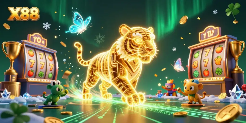 X88 offers vibrant casino experiences with a neon tiger and dynamic slot elements in a digitally immersive landscape.