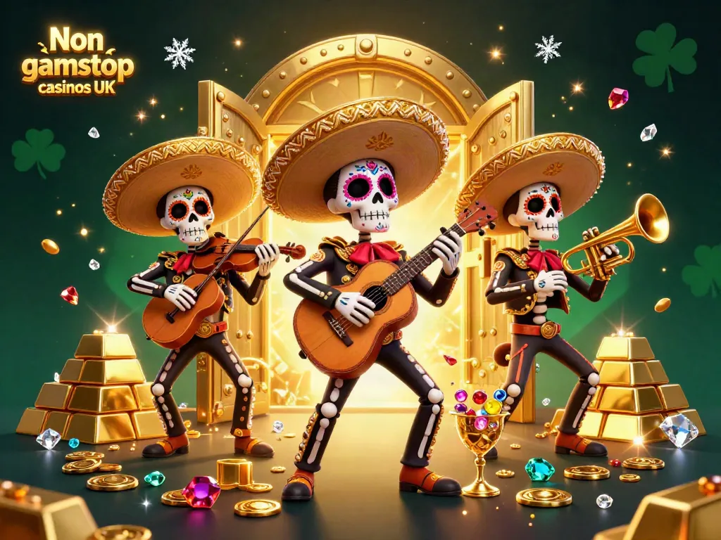 Engage with the colorful energy of Non gamstop casinos UK featuring a band of Day of the Dead skeletons amidst treasure and gems.