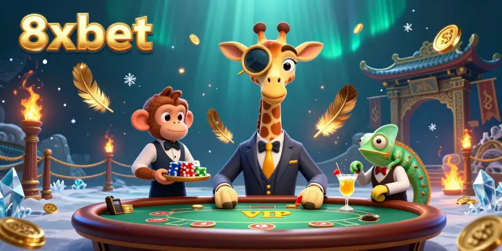 Engage with 8xbet in this rich, dynamic scene of a high-roller giraffe and casino characters, featuring a lavish poker setting.