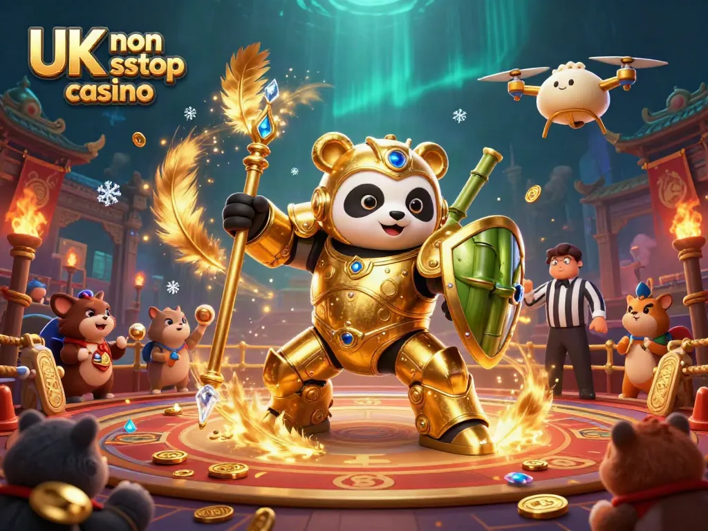 Engaging scene of a 3D cartoon panda piloting a mech in a vibrant casino arena, representing UK non gamstop casino.