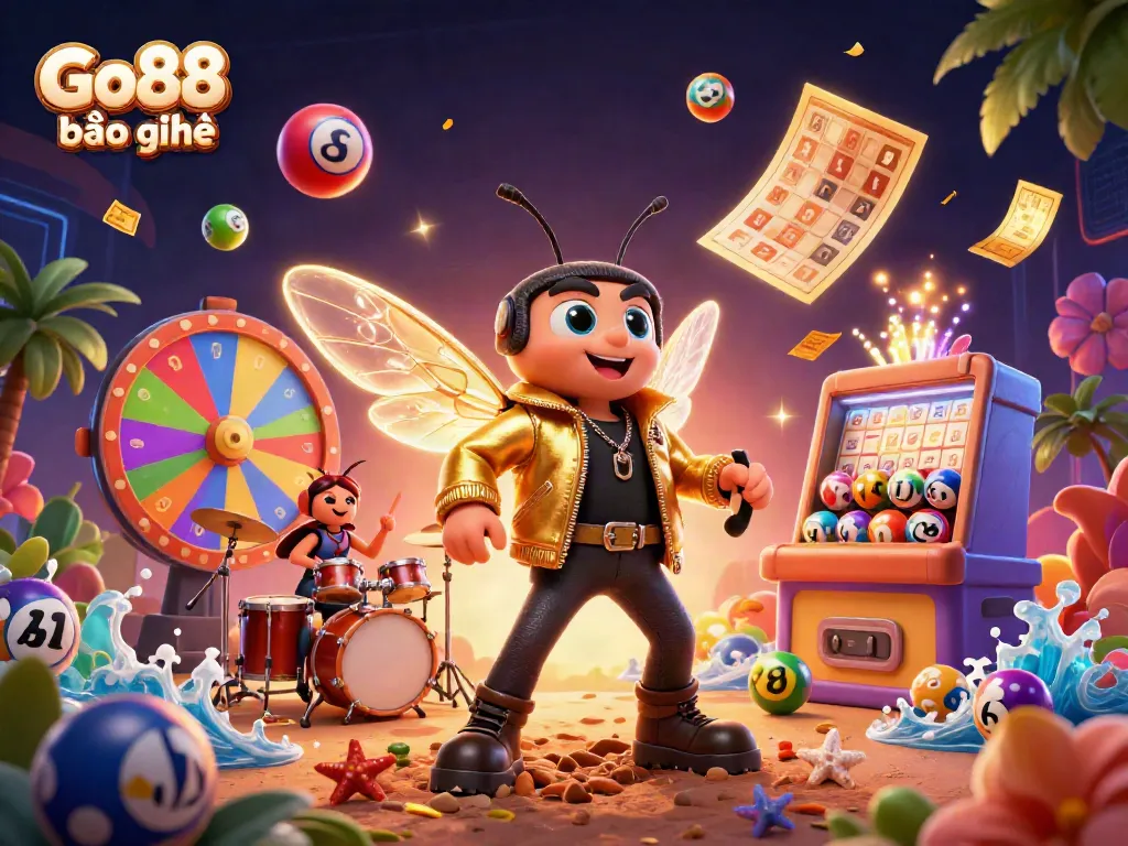 Engaging scene showcasing Go88 bảo mật with vibrant casino elements, depicting lively cartoon characters.