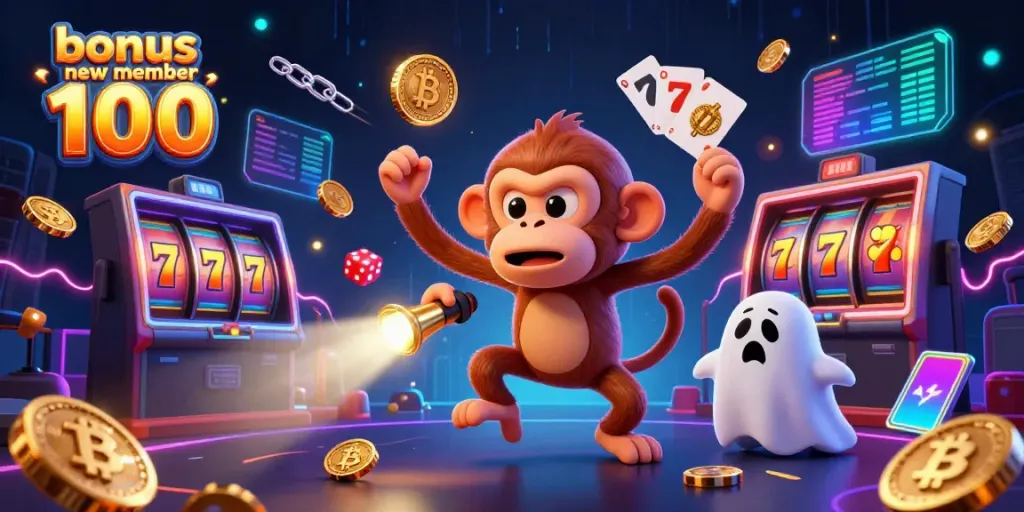 Engage with bonus new member 100 at a vibrant haunted casino featuring gold coins, slots, and playful spirits.