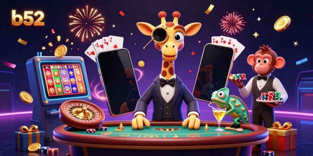 Join the fun at b52 with a high-roller giraffe, monkey valet, and chameleon bartender in a vibrant casino scene.