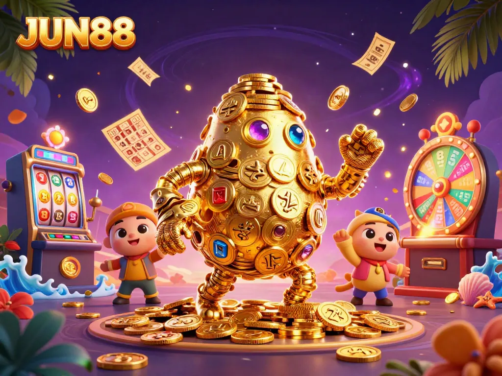 Experience the excitement of JUN88 as a golden golem surrounded by vibrant casino elements captures the thrill of winning!