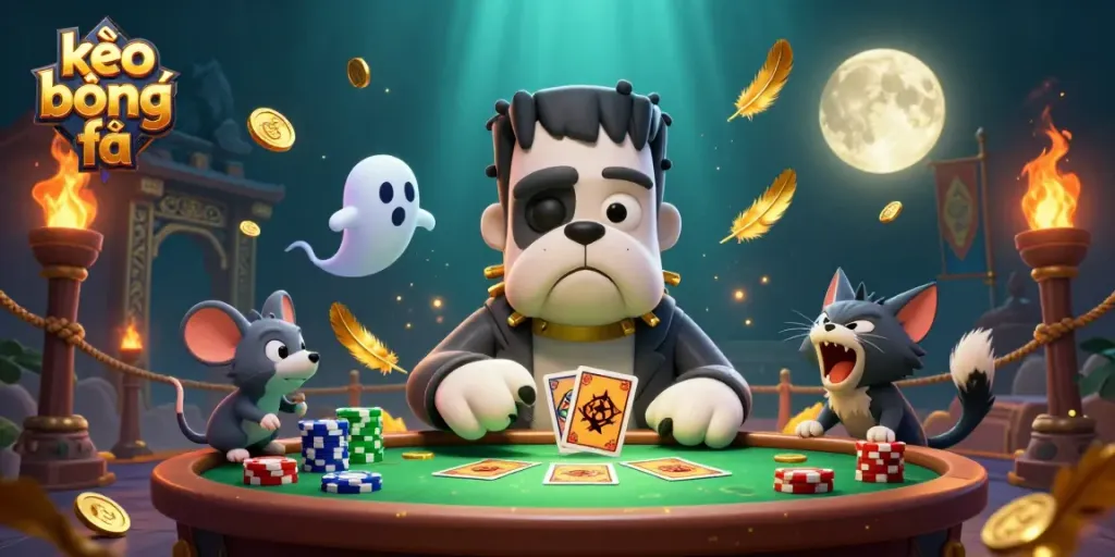 Engaging scene of kèo bóng đá themed illustration featuring a Frankenstein bulldog and playful characters in a dynamic gambling setup.