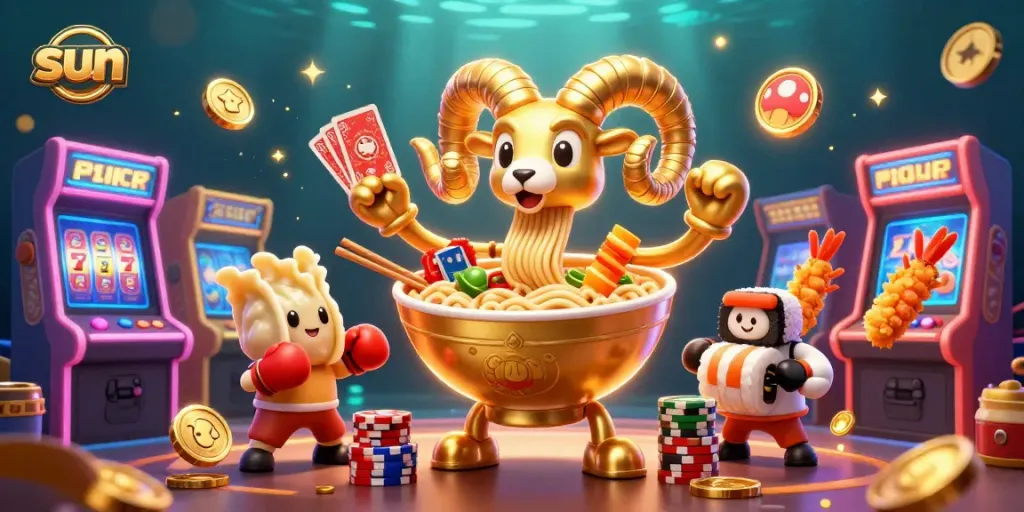 Engage with the sun-themed casino scene featuring animated characters dealing cards and stacking chips.