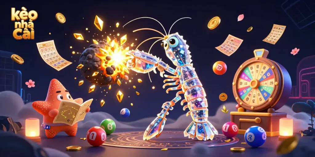 Experience kèo nhà cái excitement with a galactic mantis shrimp battling asteroids, gold coins, and vibrant lottery elements.