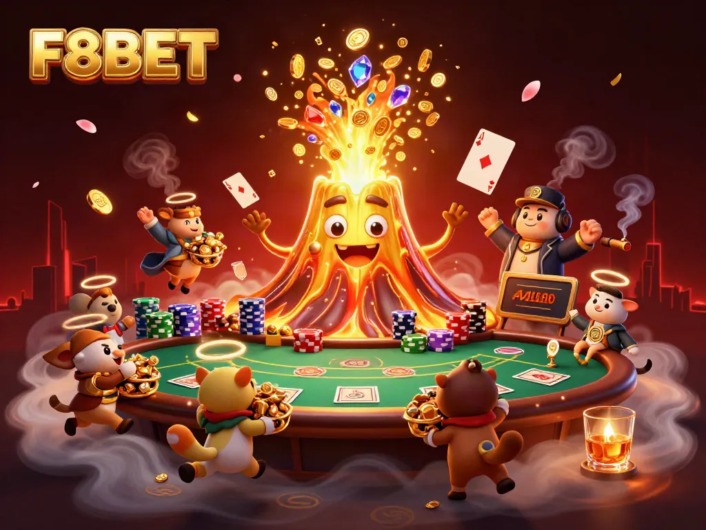 Experience the excitement of F8BET with a golden volcano erupting treasure in a vibrant casino scene.