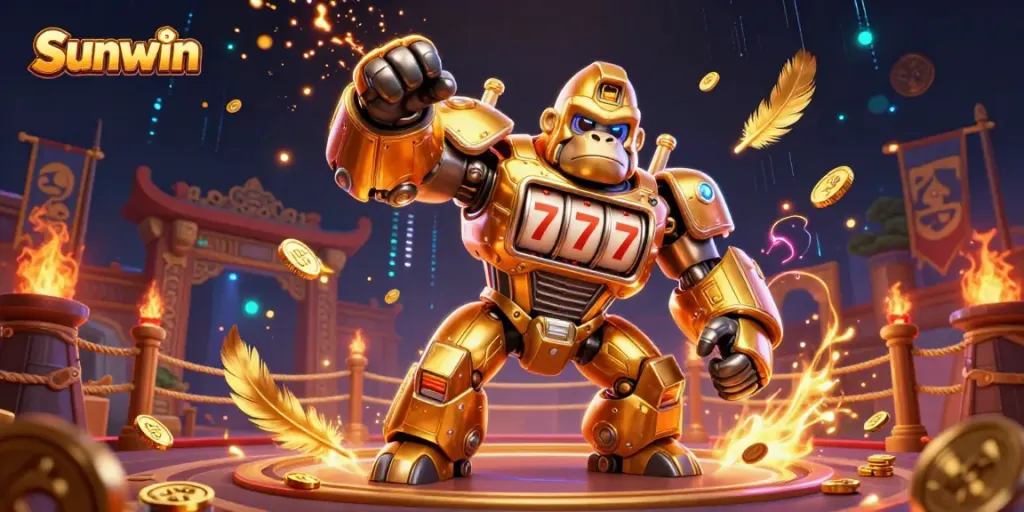 Experience the excitement of Sunwin with a dynamic 3D casino illustration featuring a golden gorilla mech.