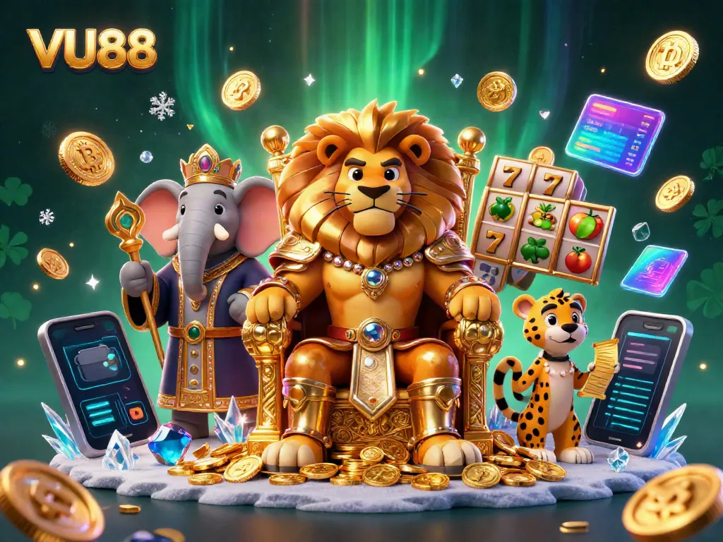 Experience winning moments at VU88 with a fierce lion king surrounded by exciting casino elements.