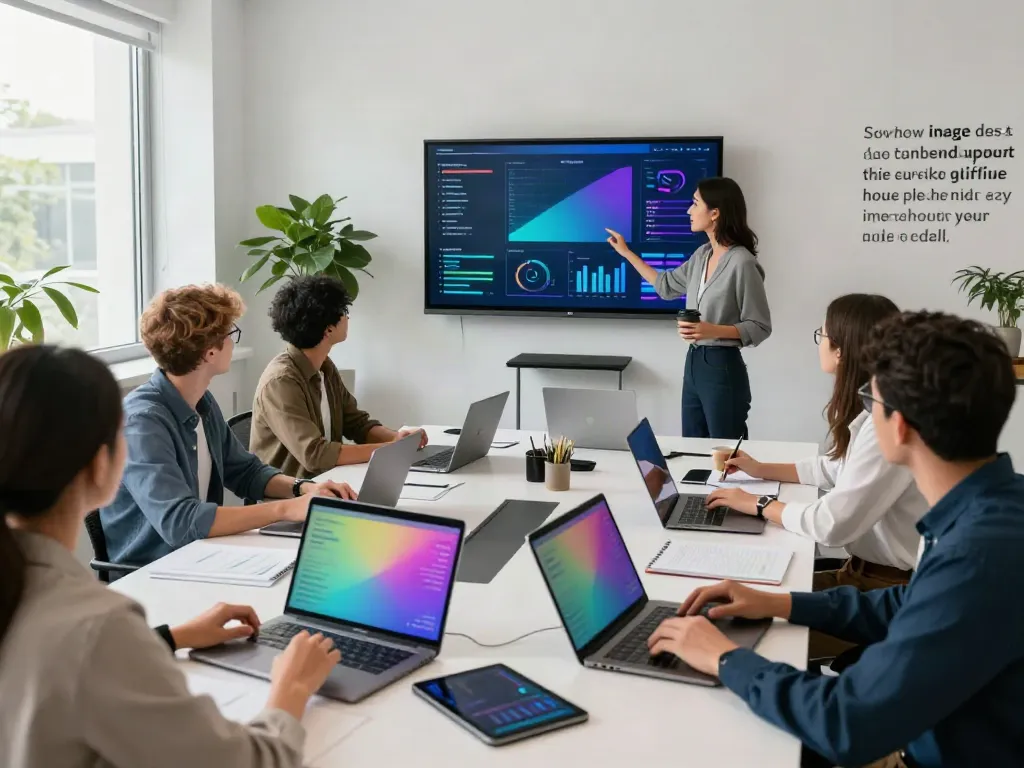 This page showcases a collaborative tech workspace with professionals engaged in data analysis and teamwork.