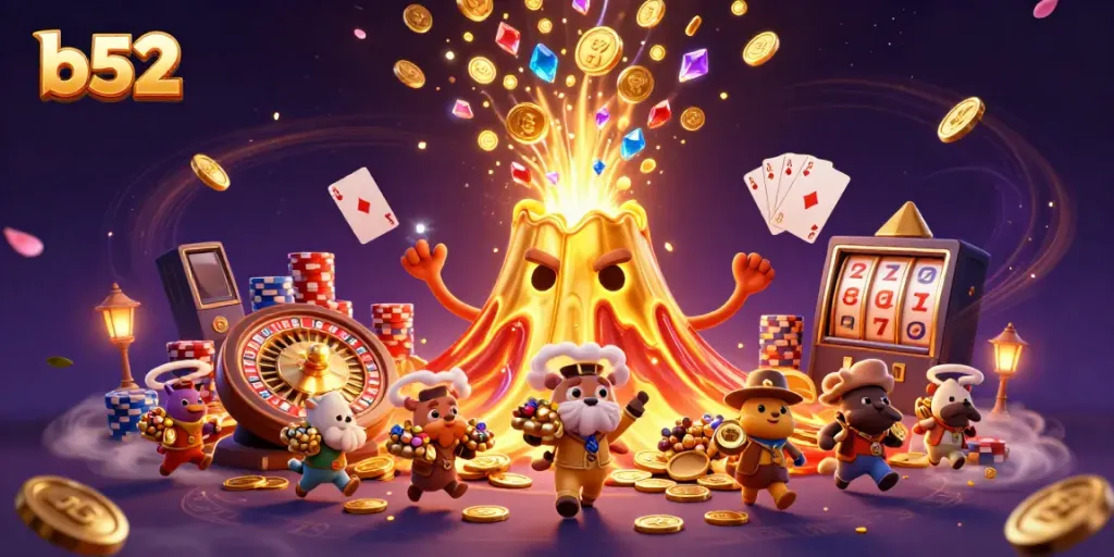 Experience thrilling wins at B52 casino with vibrant illustrations of slots and treasure in a dynamic scene.