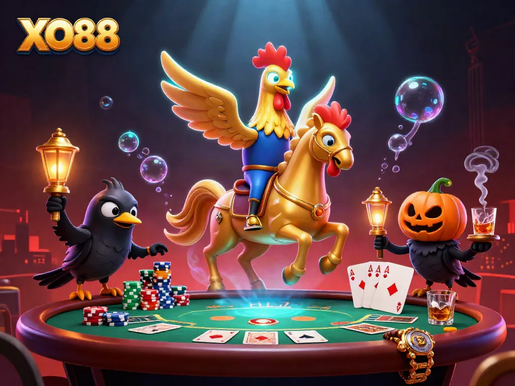 Experience excitement at XO88 with a golden rooster and friends in a vibrant casino scene.