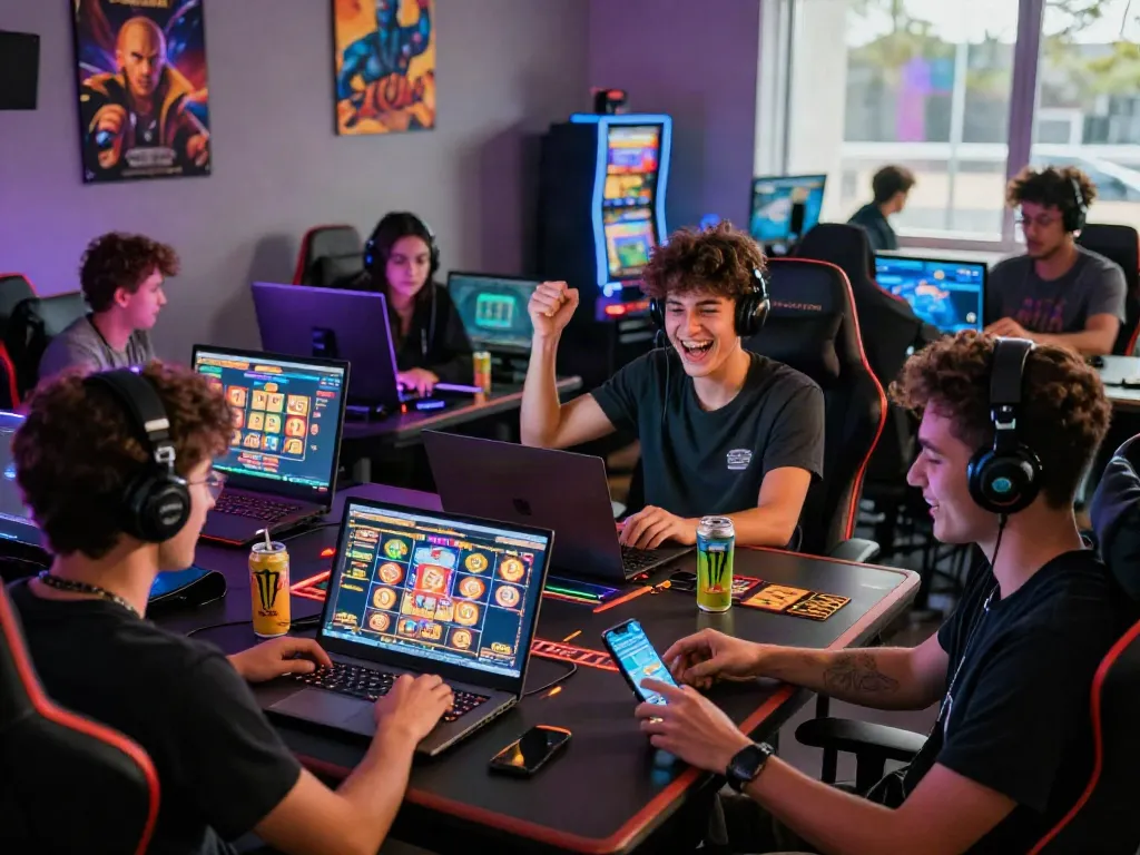 Engaging online gaming atmosphere at https://lu88.vote/ with diverse players celebrating wins in a dynamic gaming room.