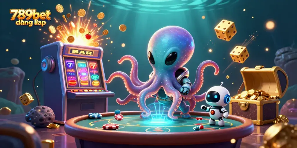 Experience thrilling poker action with 789bet đăng nhập at a holographic table amidst dazzling casino visuals.
