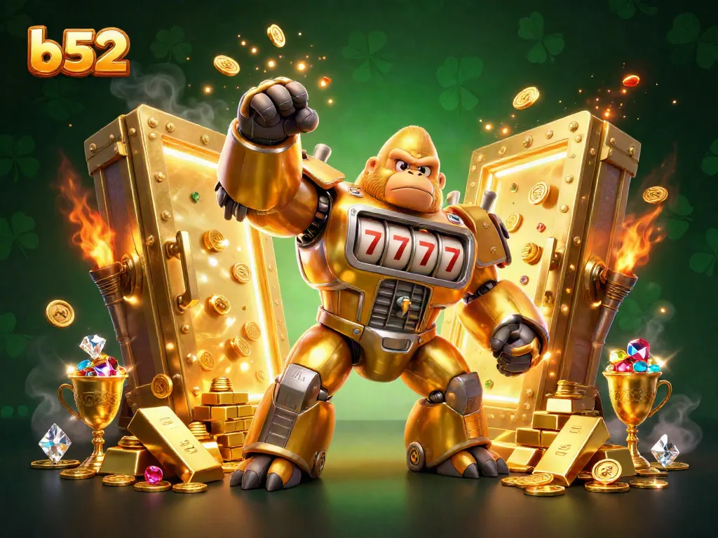Experience the excitement of b52 with a golden gorilla mech surrounded by sparkling treasures, symbolizing jackpot wins.