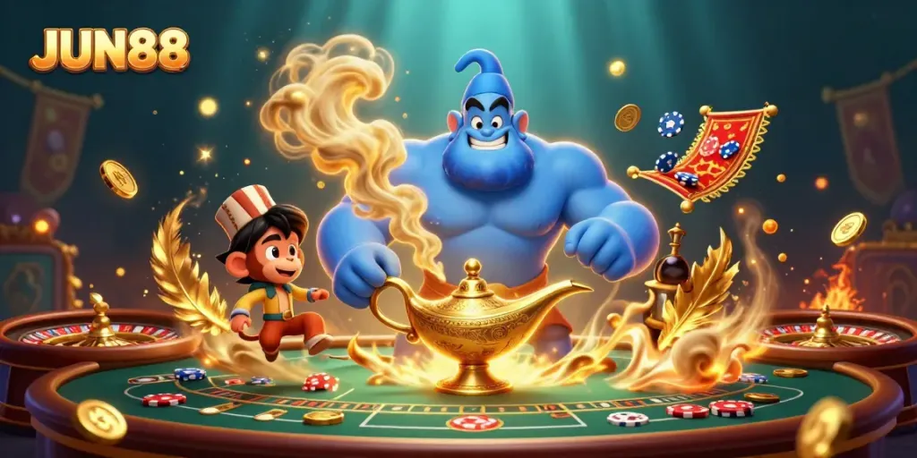 Experience the magic of gambling with JUN88's vibrant casino scene featuring a whimsical genie.