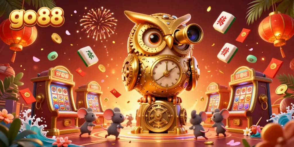 Experience go 88 with our vibrant casino scene featuring a golden owl, mouse patrons, and festive game elements.