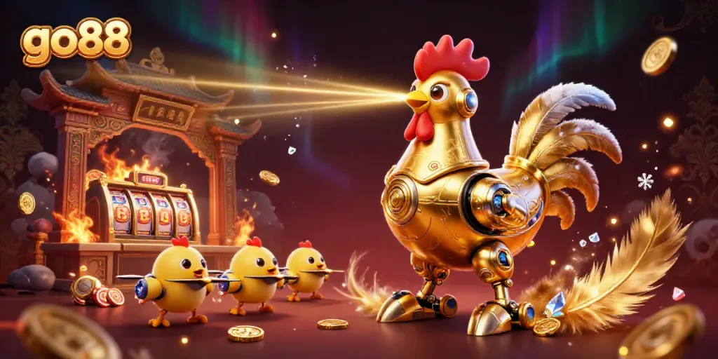 Experience the excitement of go88 with a golden rooster robot and baby chick drones in a vibrant casino scene.