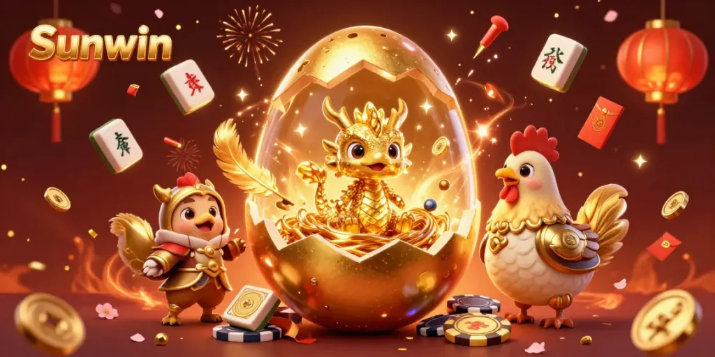 Experience thrilling gaming with Sunwin, featuring a baby dragon and poker chips in a vibrant casino scene.