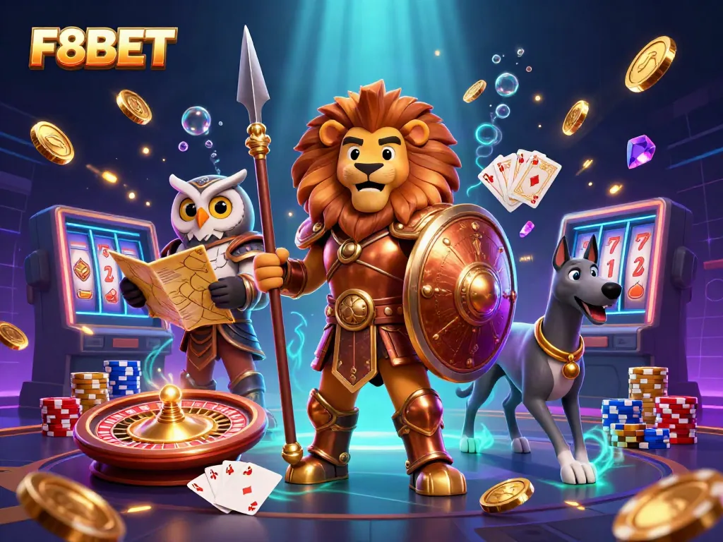 Experience the excitement of F8BET with a lion, owl, and greyhound amidst dazzling casino elements.