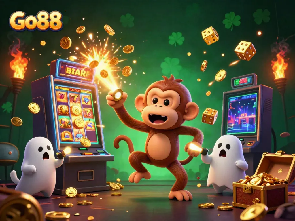 Experience exhilarating gameplay at Go88 with our dynamic casino illustration featuring golden elements and playful characters.