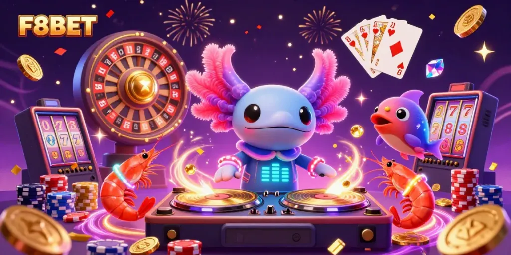 Experience the vibrant energy of F8BET with a neon axolotl DJ spinning in a magical underwater casino scene.
