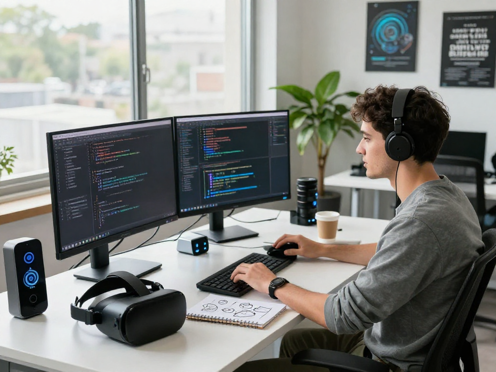 Dynamic workspace with coding screens illustrating nsfw content innovation in technology.