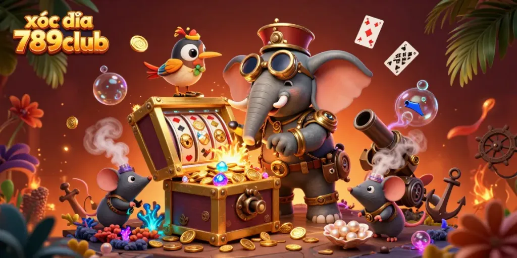 Experience the excitement of xóc đĩa 789club with a steampunk elephant operating a golden slot machine amidst rich casino elements