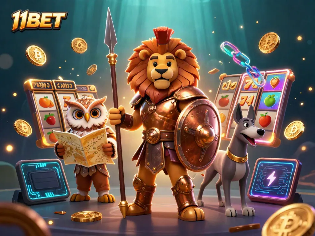 Experience thrilling gaming at 11BET with a dynamic illustration showcasing slots, crypto elements, and action-packed characters.