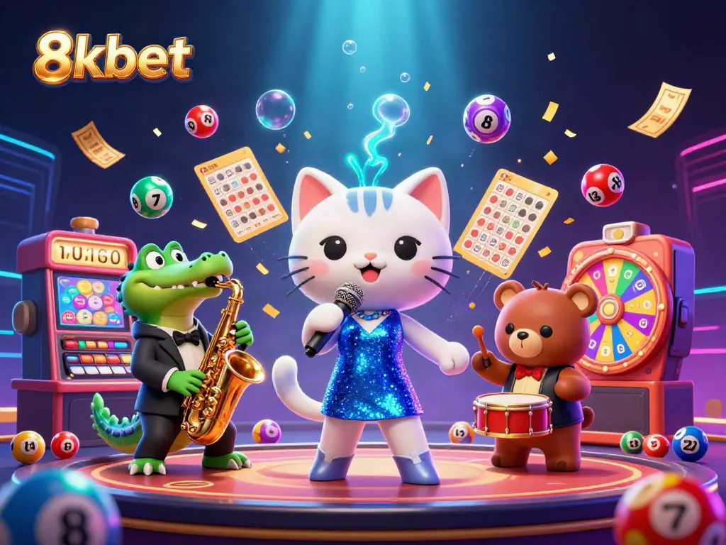 Experience exciting gameplay at 8xbet with dynamic lottery elements and vibrant characters in a casino illustration.