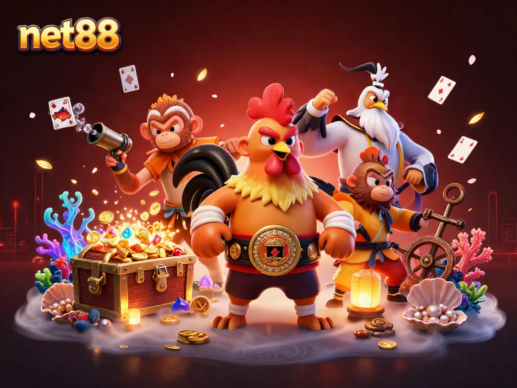 Experience net88 with vibrant Muay Thai rooster and martial artists in a dynamic casino scene.