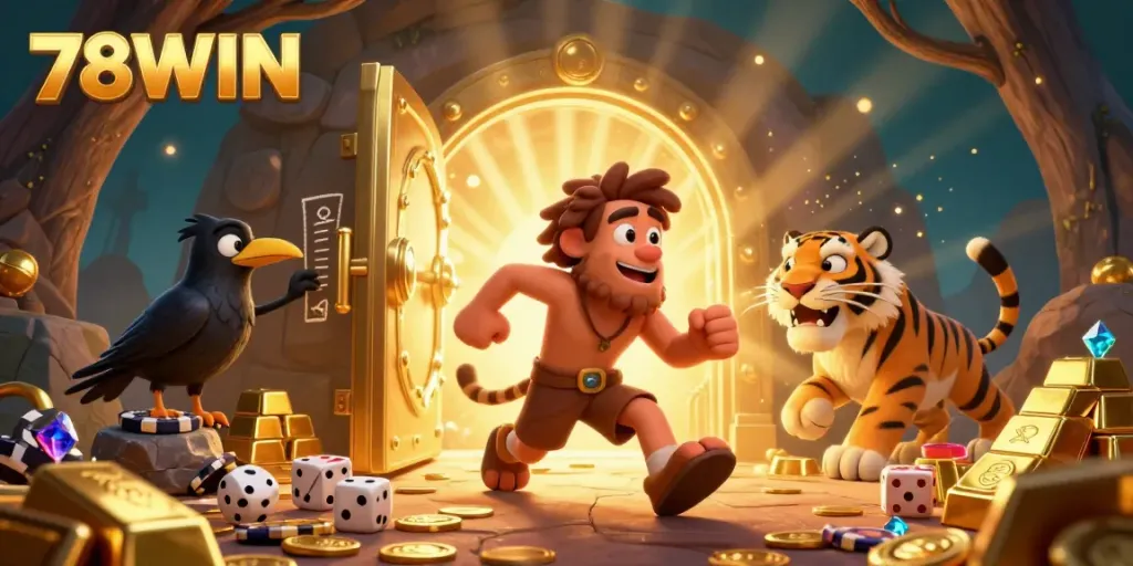 Experience the thrill of 78WIN through a unique prehistoric casino scene featuring colorful characters and dazzling treasures.