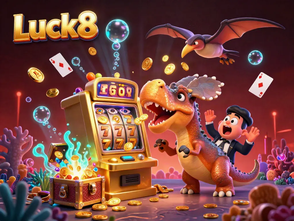 Luck8 casino scene with a pachycephalosaurus triggering a jackpot and a pteranodon catching coins.