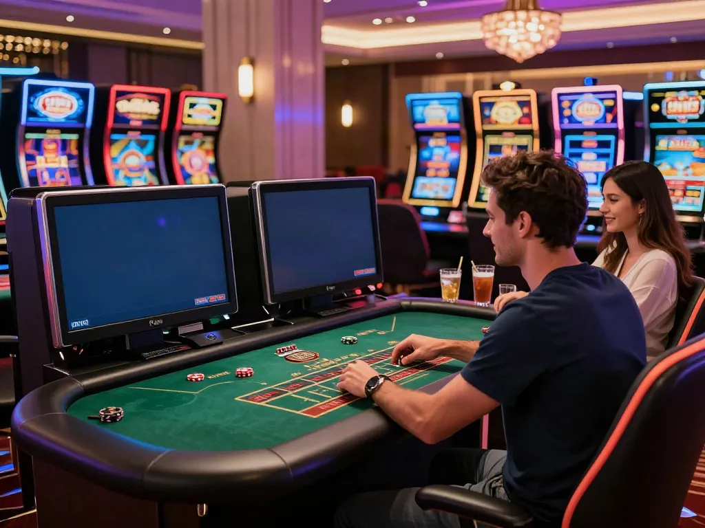 Playful couple engaging in games at a non Gamstop casino with vibrant lights and modern decor.