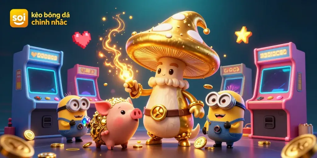 Experience soi kèo bóng đá chính xác with a golden mushroom wizard amidst gaming machines and vibrant treasure.