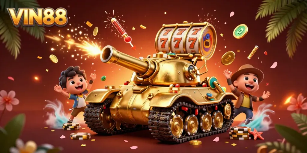 Experience the excitement of VIN88 with a vibrant casino scene inside a golden beetle tank.