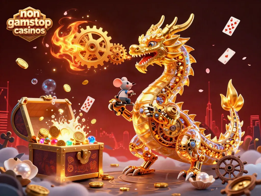 Engage with non gamstop casinos featuring a golden dragon and treasure chest in a vibrant 3D illustration.