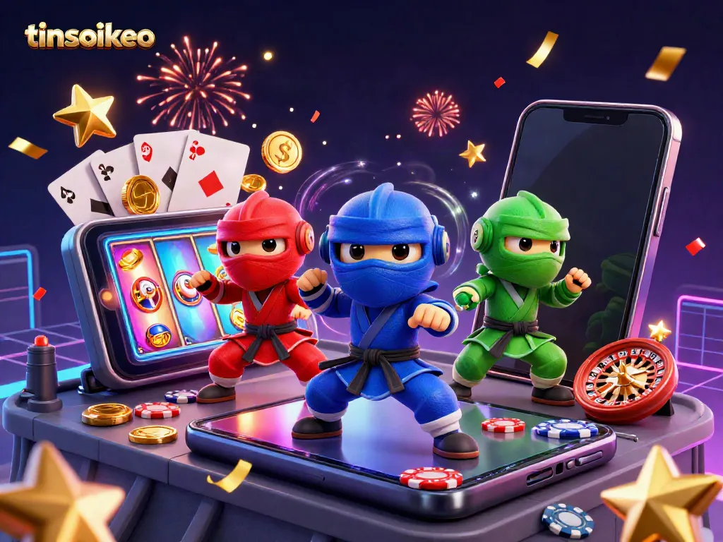 Experience thrilling gameplay with tinsoikeo's ninjas showcasing synchronized moves amid vibrant casino elements.