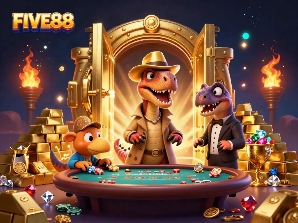 FIVE88 brings excitement with a vivid 3D illustration of cartoon dinosaurs at a blackjack table, enhancing the casino vibe.