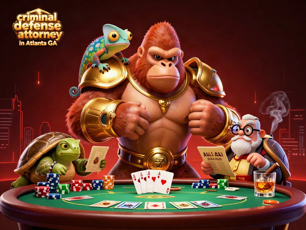 Action-packed scene depicting a criminal defense attorney in Atlanta GA intermingled with poker elements.