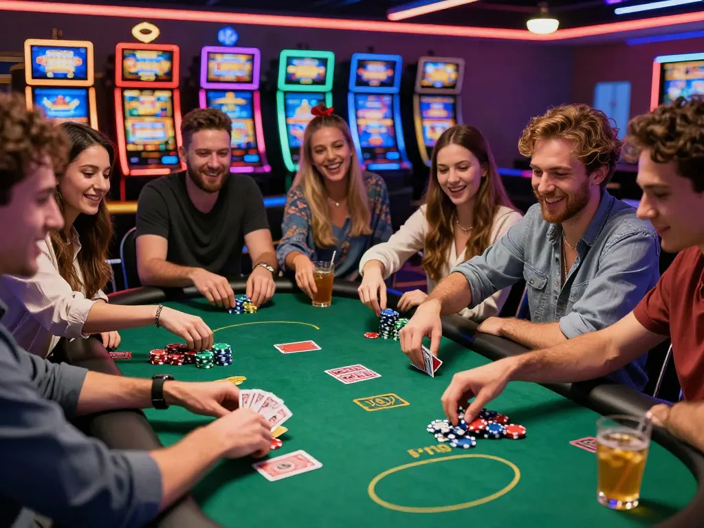 Diverse group enjoying games at a non Gamstop casino with colorful chips and laughter.