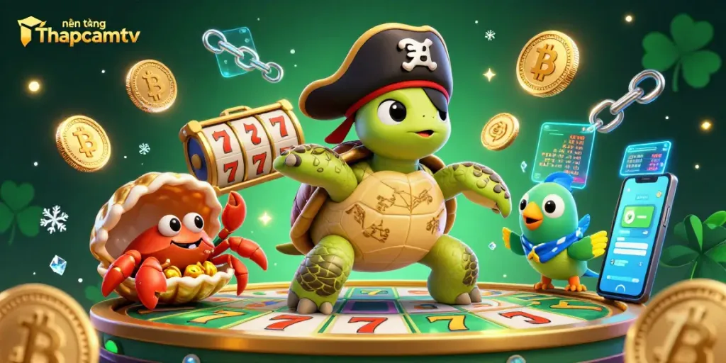 Engage with nền tảng Thapcamtv through a lively slot scene featuring cartoon characters and vibrant gambling elements.