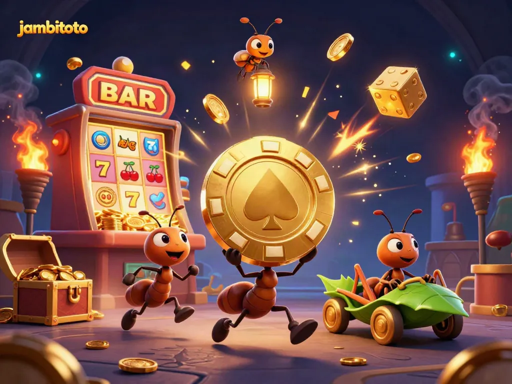 Experience the thrill of jambitoto with 3D ants orchestrating a heist under soft bokeh lights.