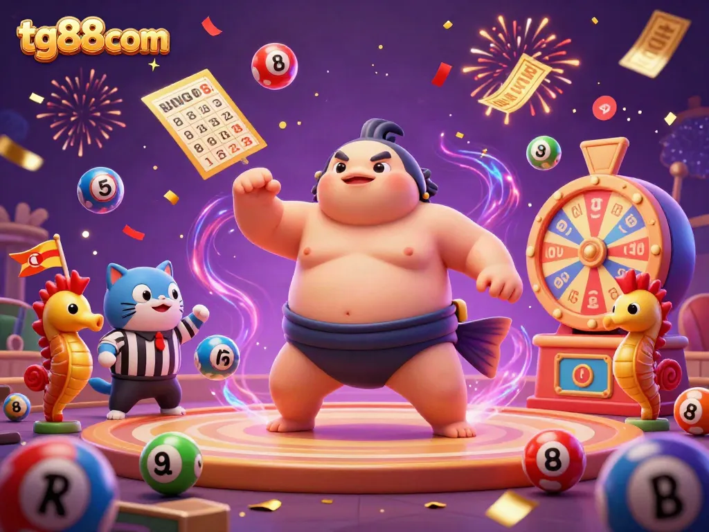 The tg88com platform showcases a vibrant underwater gambling arena with a fugu character, yellow balls, and magical confetti.
