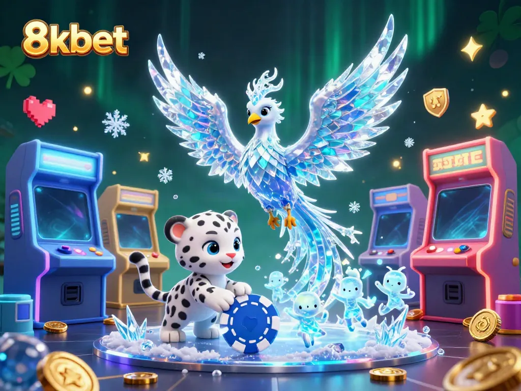 Engage with 8xbet's vibrant casino world featuring an ice phoenix, snowy cub, and colorful gaming elements.