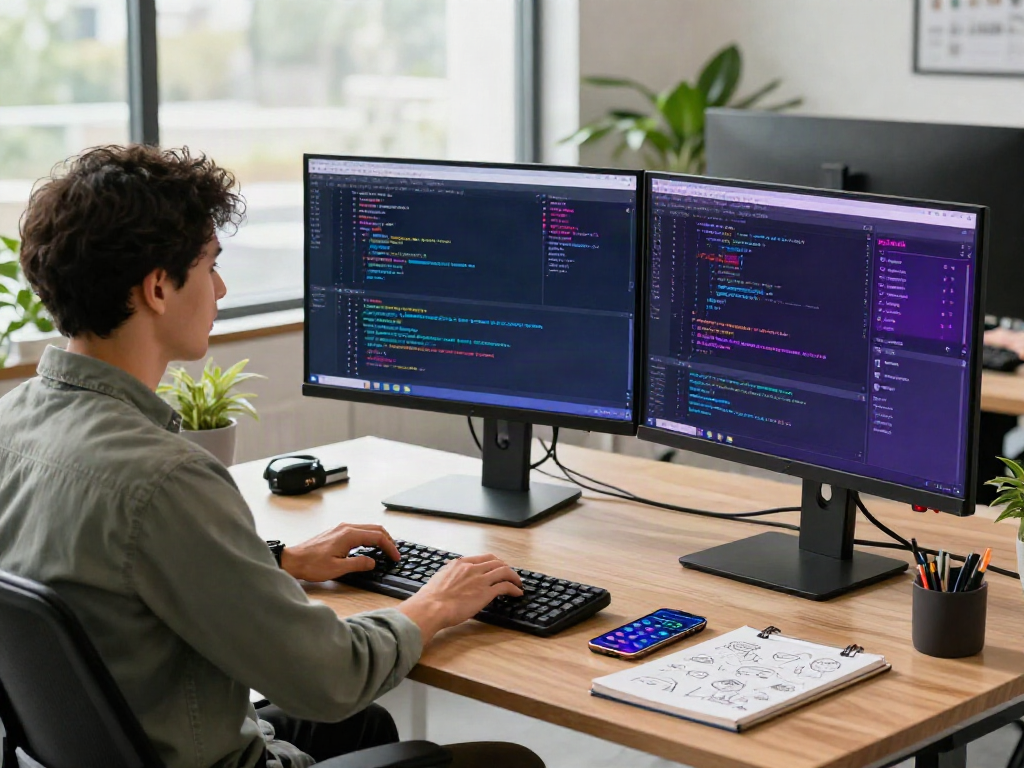 Developer coding in a modern workspace, showcasing spicychat platform features.