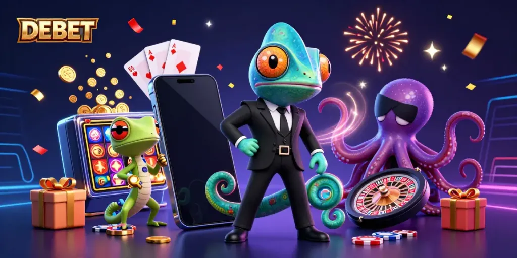 Engage in thrilling action with DEBET's colorful slot games and dynamic casino characters.